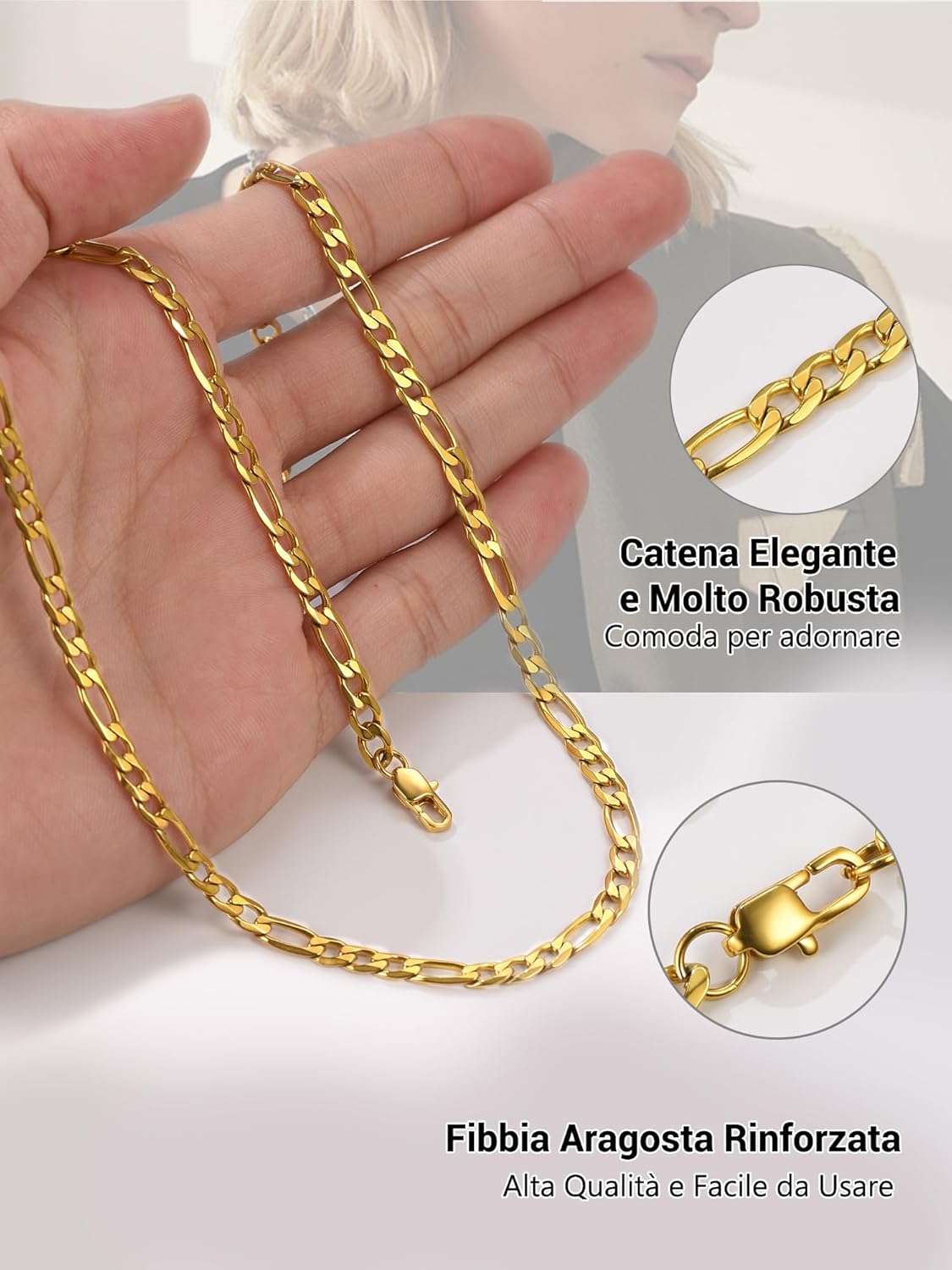 Thumbnail 2 de PROSTEEL Collana Catena Semplice da Uomo a Modello Maglia Figaro 3+1 – Acciaio Inossidabile/Placcato Oro 18K, due tonalità, 46/51/55 cm