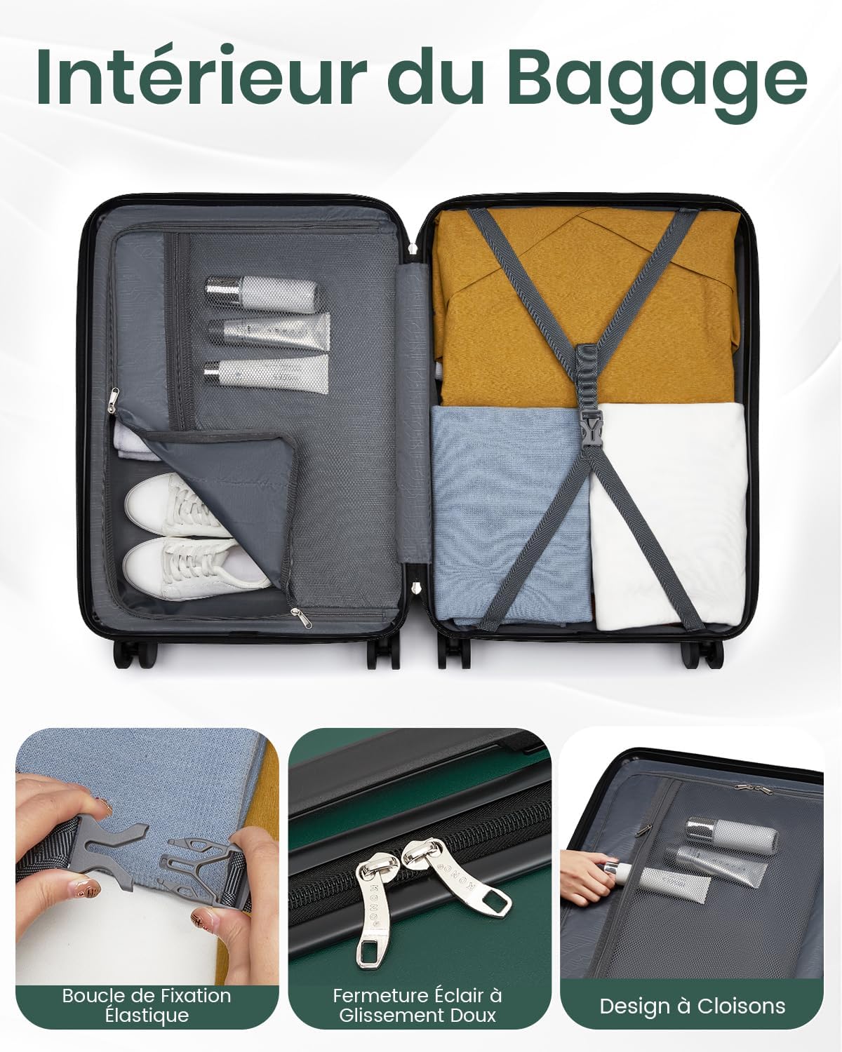 Thumbnail 6 de Kono Valise Soute 66,5 × 45,5 × 25 cm – 61 L, ABS+PC, Roues silencieuses 360°, Serrure extérieure – Vert/Noir