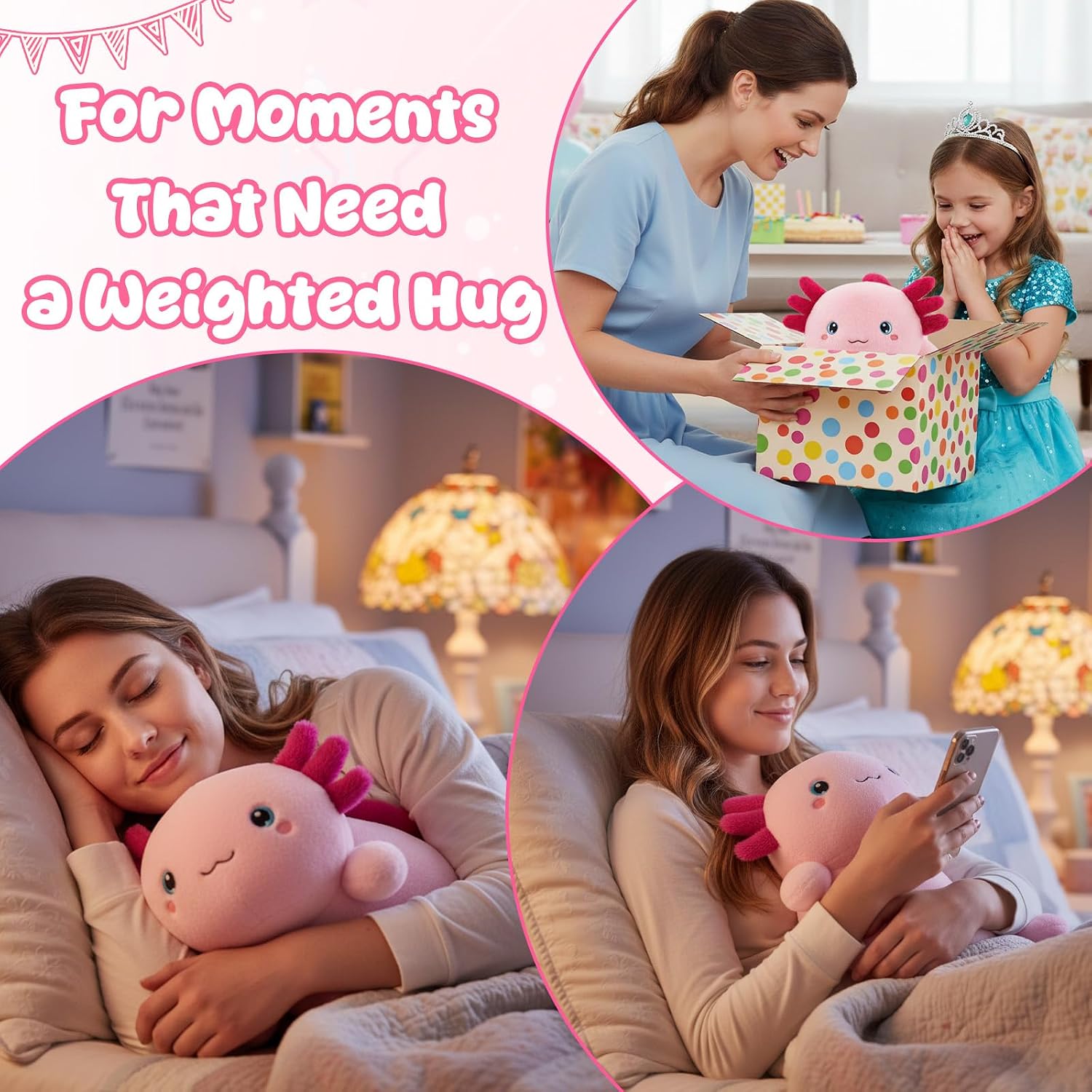 Detalle de SQEQE Weighted Pink Axolotl Plush: Soft Weighted Comfort in 35cm