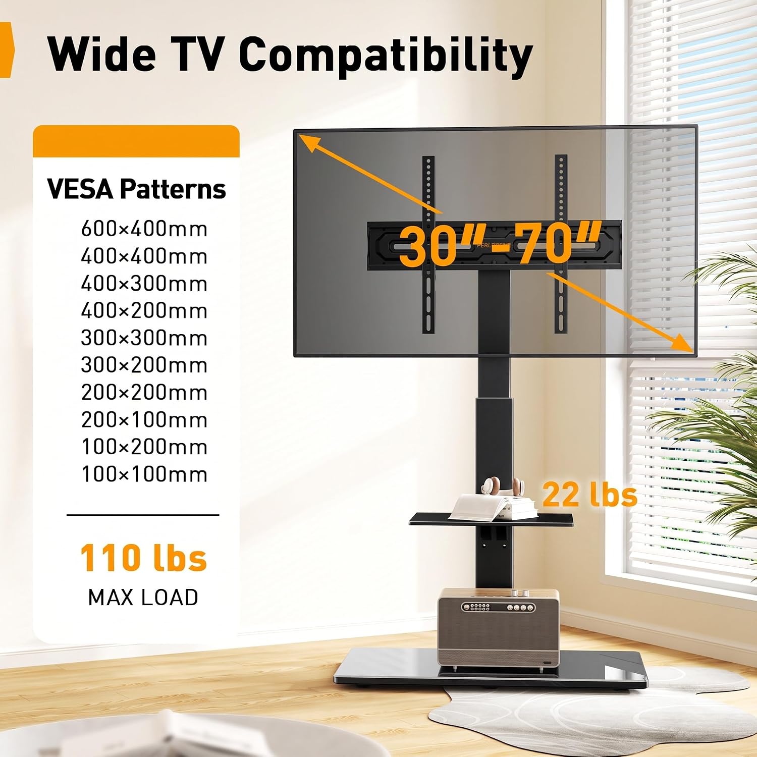 Thumbnail 1 de PERLEGEAR TV Floor Stand for 30-70 inch TVs up to 50 kg with Tilt, Swivel and Adjustable Shelf