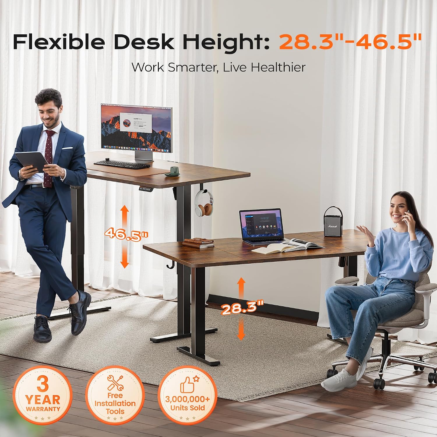 Detalle de Huuger 63 x 28 Large Electric Standing Desk with 3 Preset Heights and LED Keypad (Rustic Brown)