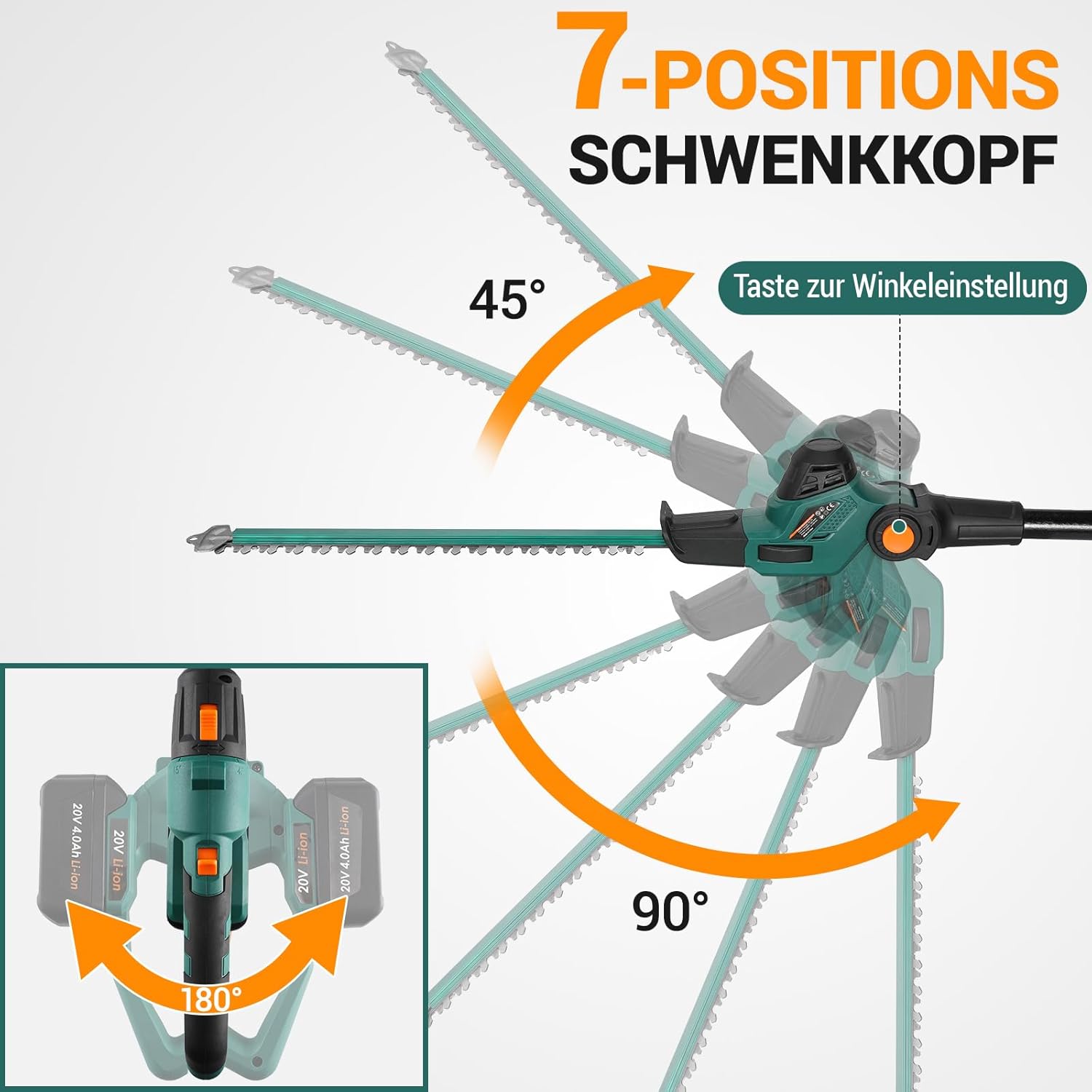 Thumbnail 5 de TLGREEN Tagliasiepi telescopico a batteria 20V 4Ah con lama 45 cm e testa pivotante a 7 posizioni