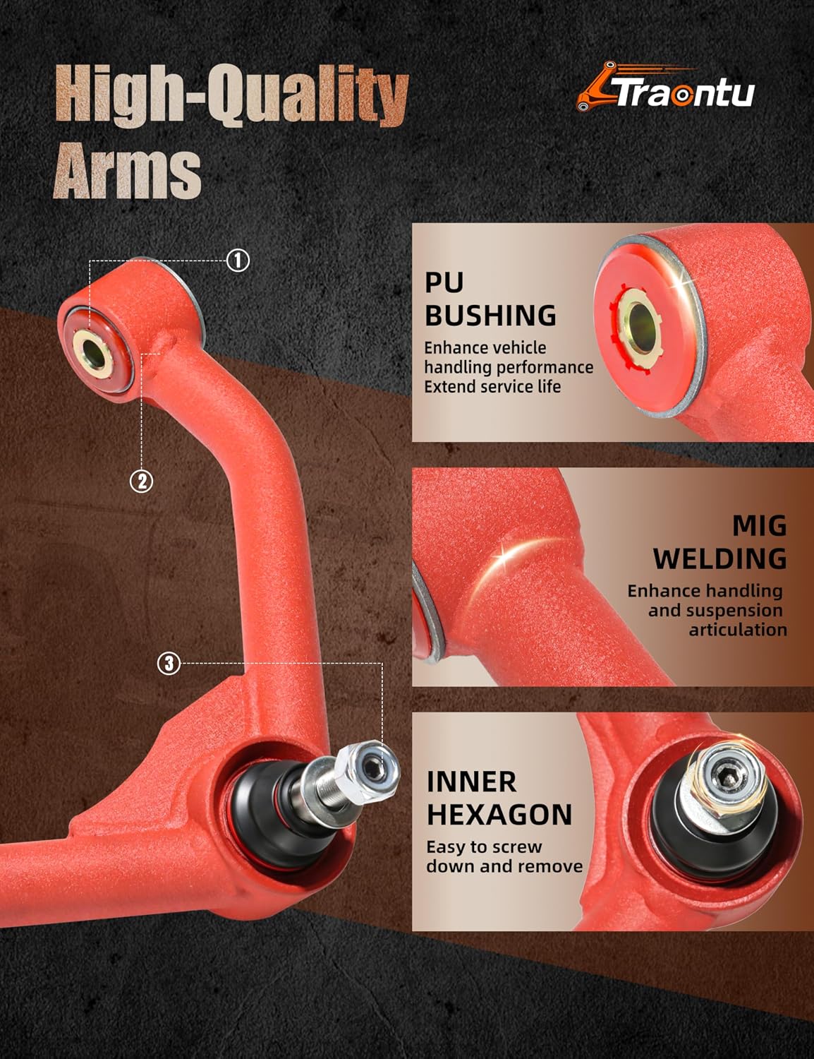 Detalle de 2-4" Lift Front Upper Control Arms for 2009-2024 Ram 1500/Classic (Tubular, PU Bushings, Wrinkle Red) – Enhanced Stability for Lifted Pickups