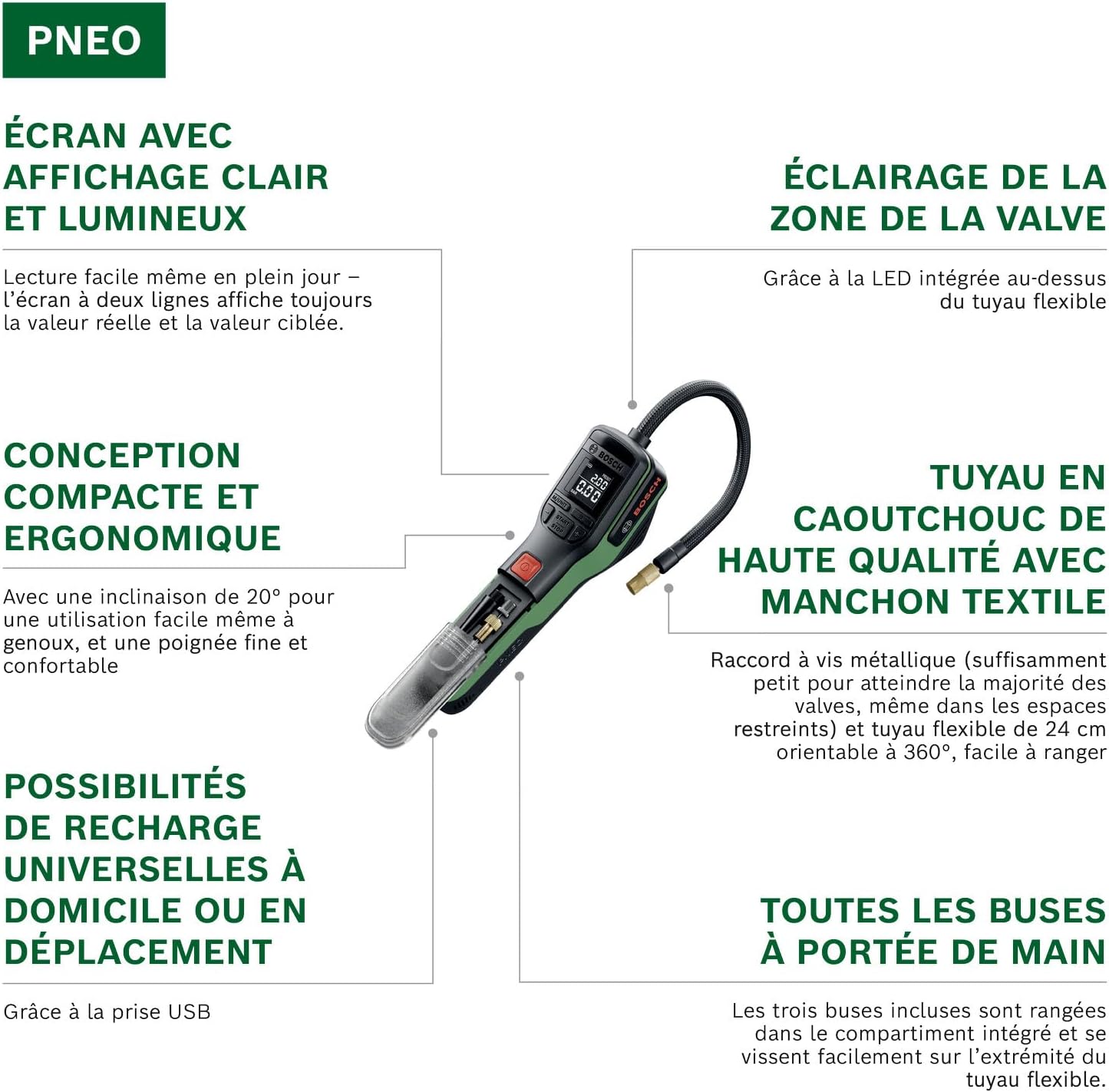 Thumbnail 2 de Bosch PNEO Pompe à air sans Fil (INCL. Jeu d'adaptateurs de Pression, Batterie 4V et Sac en Tissu)