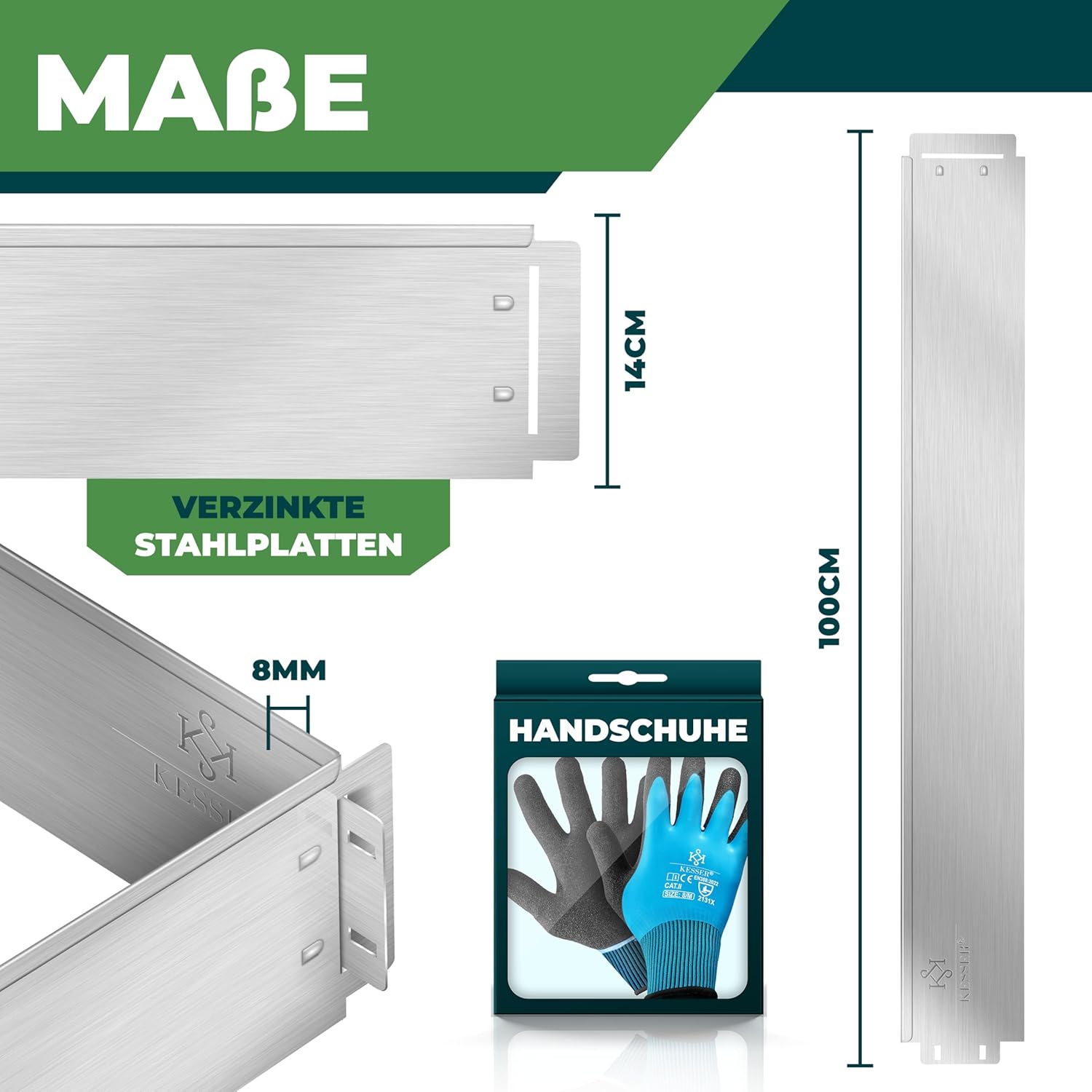 Thumbnail 6 de KESSER Rasenkante Beeteinfassung – Beetumrandung mit Handschuhen 10 m, 100 x 14 cm, Metall Palisade, Silber