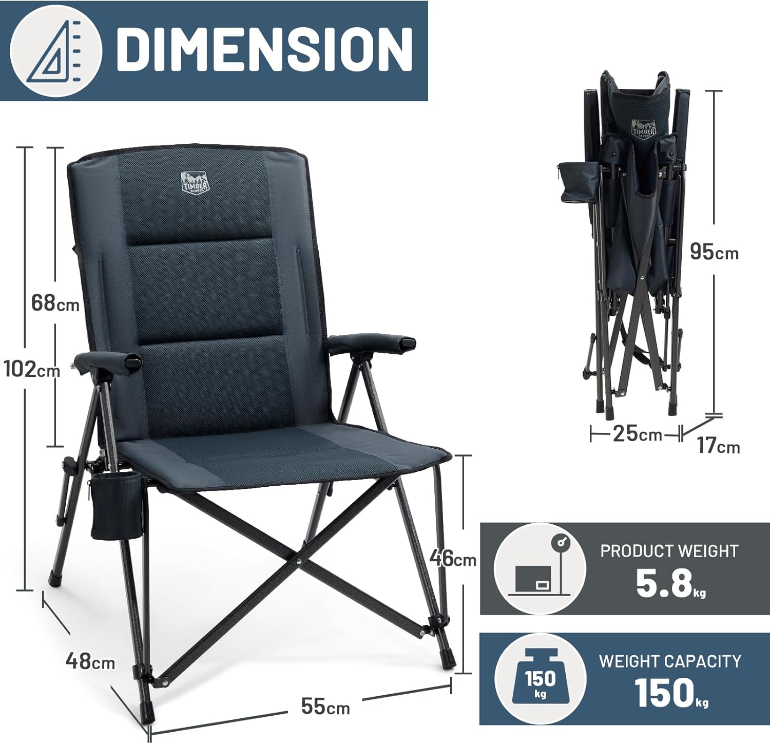 Detalle de Timber Ridge Camping Chair 2 Set for Adults – Heavy Duty Oversized Folding Chairs with High Back, Padded Seat & Cup Holder (150kg)