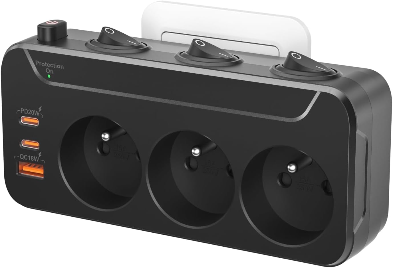 Detalle de Multiprise 3 prises noire avec USB-C PD 20 W