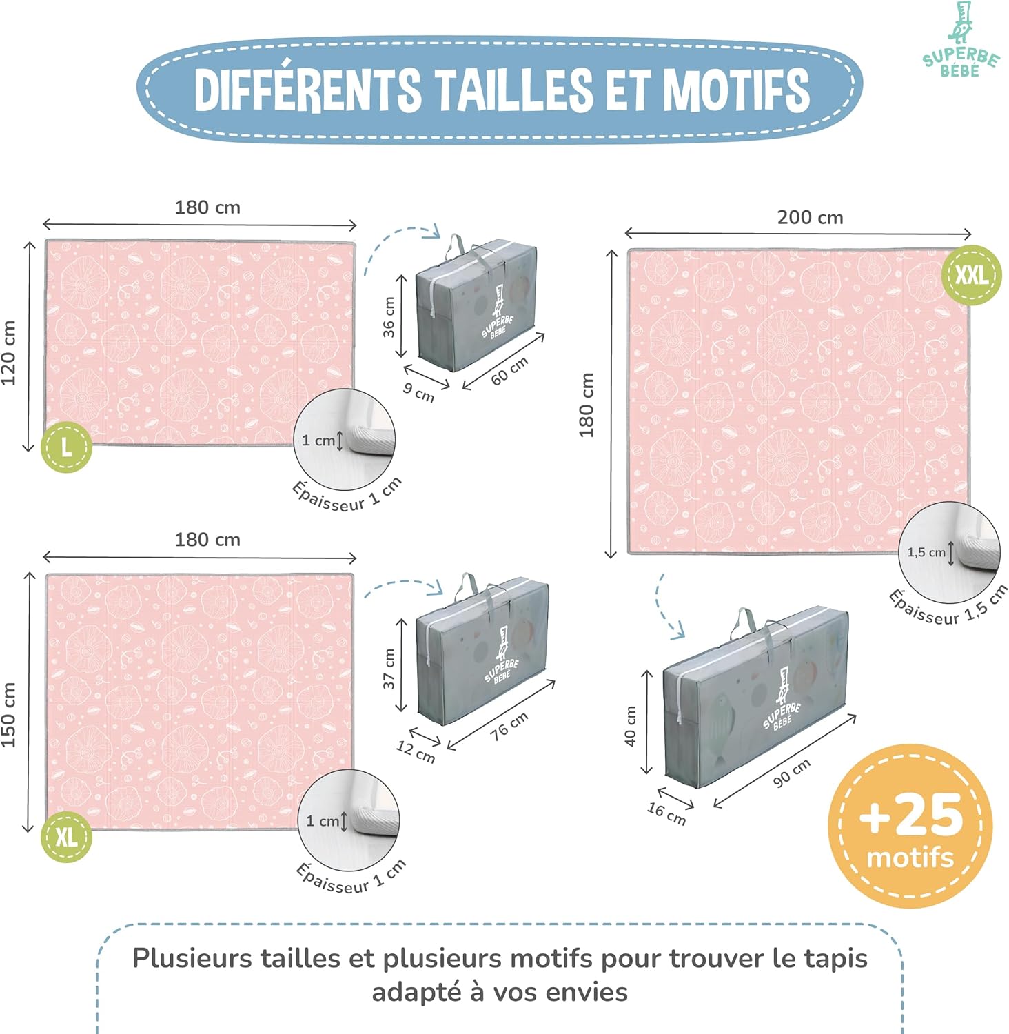 Thumbnail 6 de Tapis d'éveil pour bébé pliable épais réversible 150x180 cm – tapis de jeu Montessori XXL en mousse, antidérapant et lavable