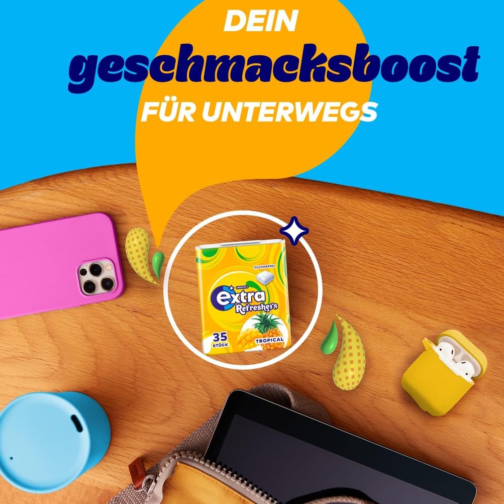 Detalle 2 de Extra Refreshers zuckerfreier Tropical Kaugummi – Großpackung (6 x 35 Dragees)