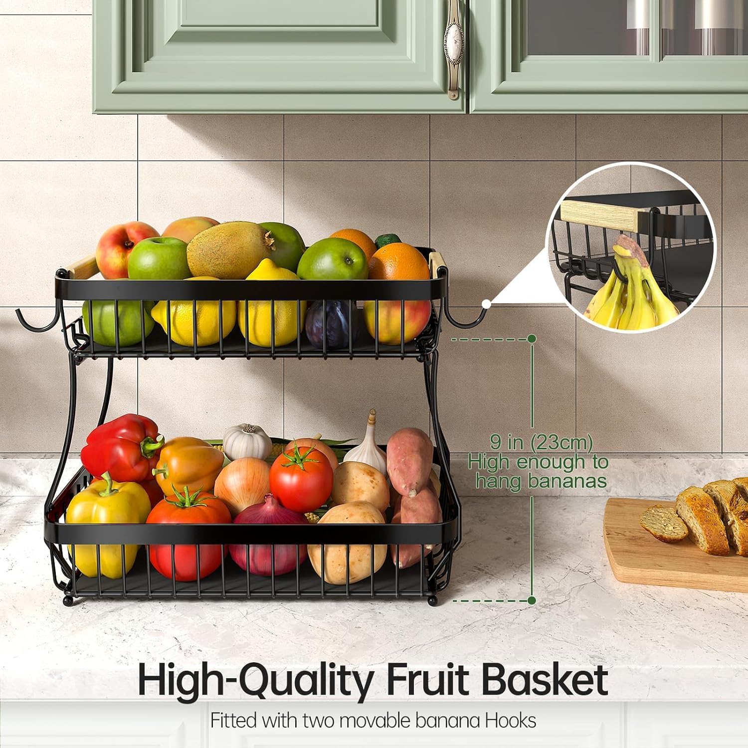 Thumbnail 1 de Fournine 3-Tier Fruit Bowl Basket with Banana Hanger (Detachable Countertop Organiser), Black