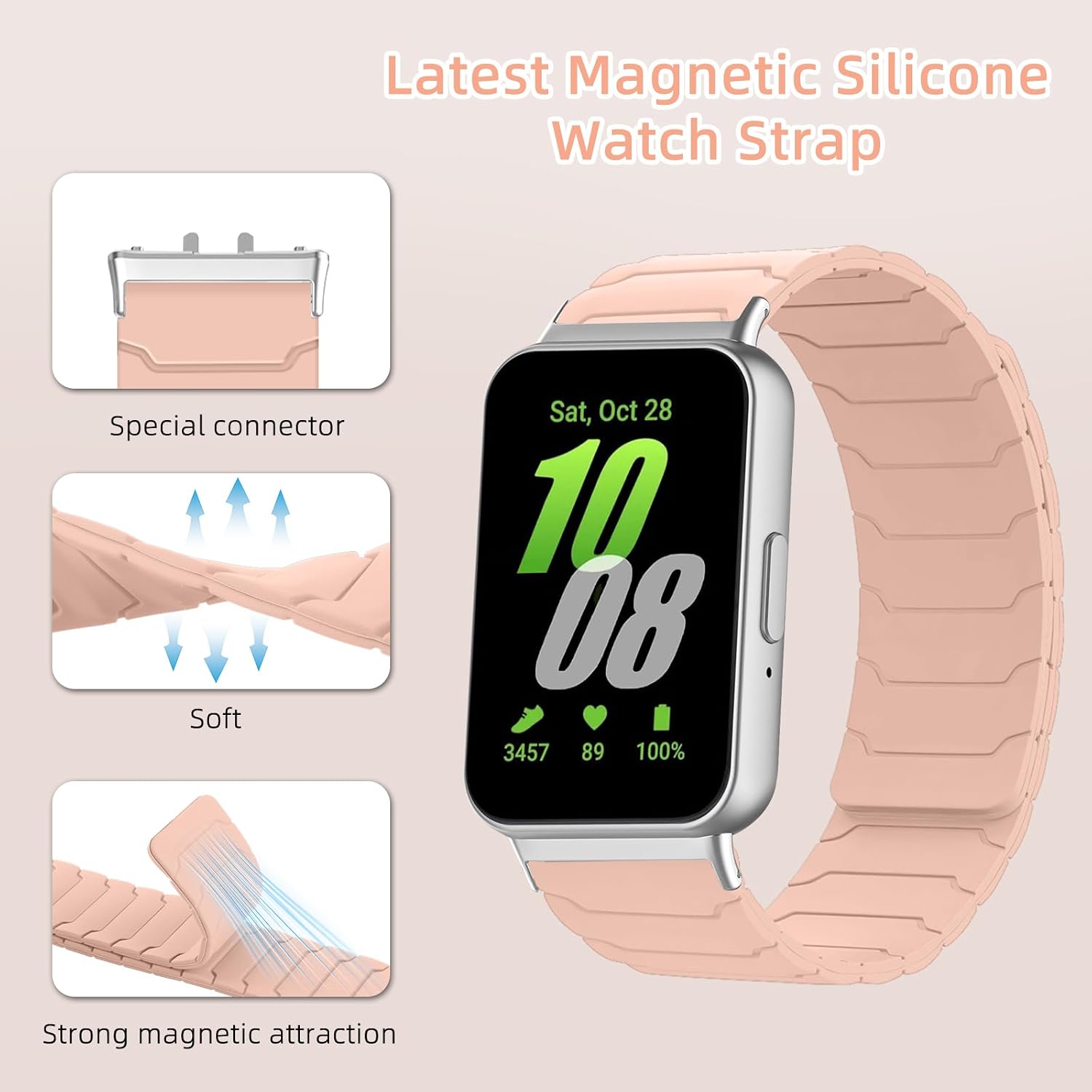 Detalle de Hinnwer Magnetic Strap for Samsung Galaxy Fit 3 (Pink) – Pink Silicone Dual Magnetic Sport Band