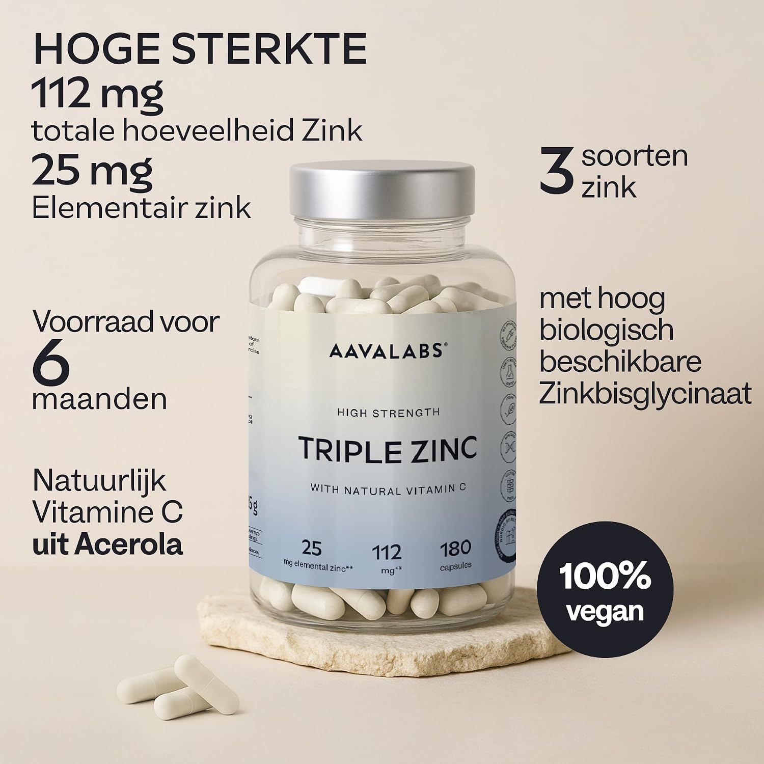 Thumbnail 1 de AAVALABS Drievoudig Zink 25 mg met 3 zinkvormen en vitamine C, 180 capsules