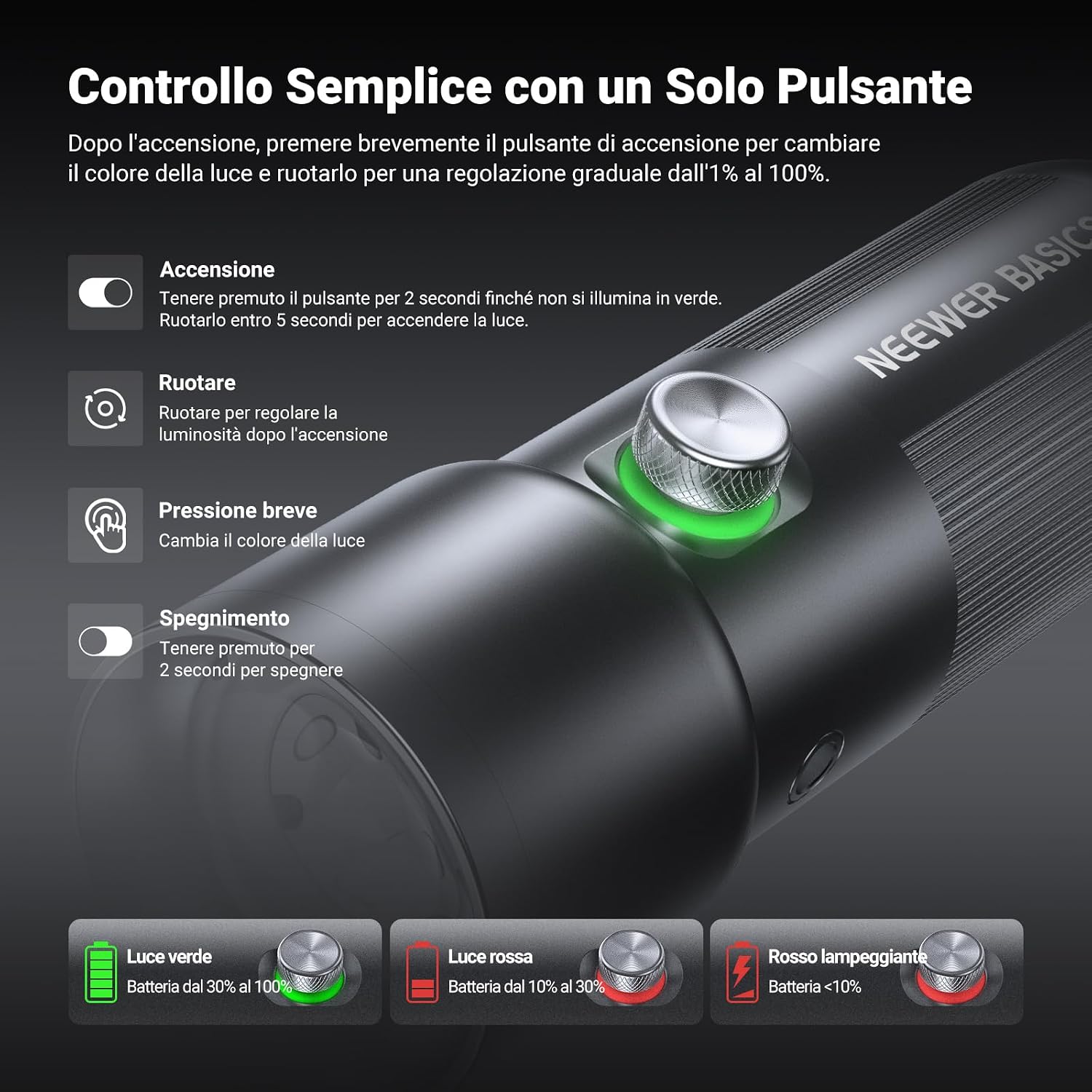 Detalle de NEEWER BASICS FL10 – Torcia fotografica RGB con 4 colori, 20 filtri gobo e dimmer da 1% a 100%