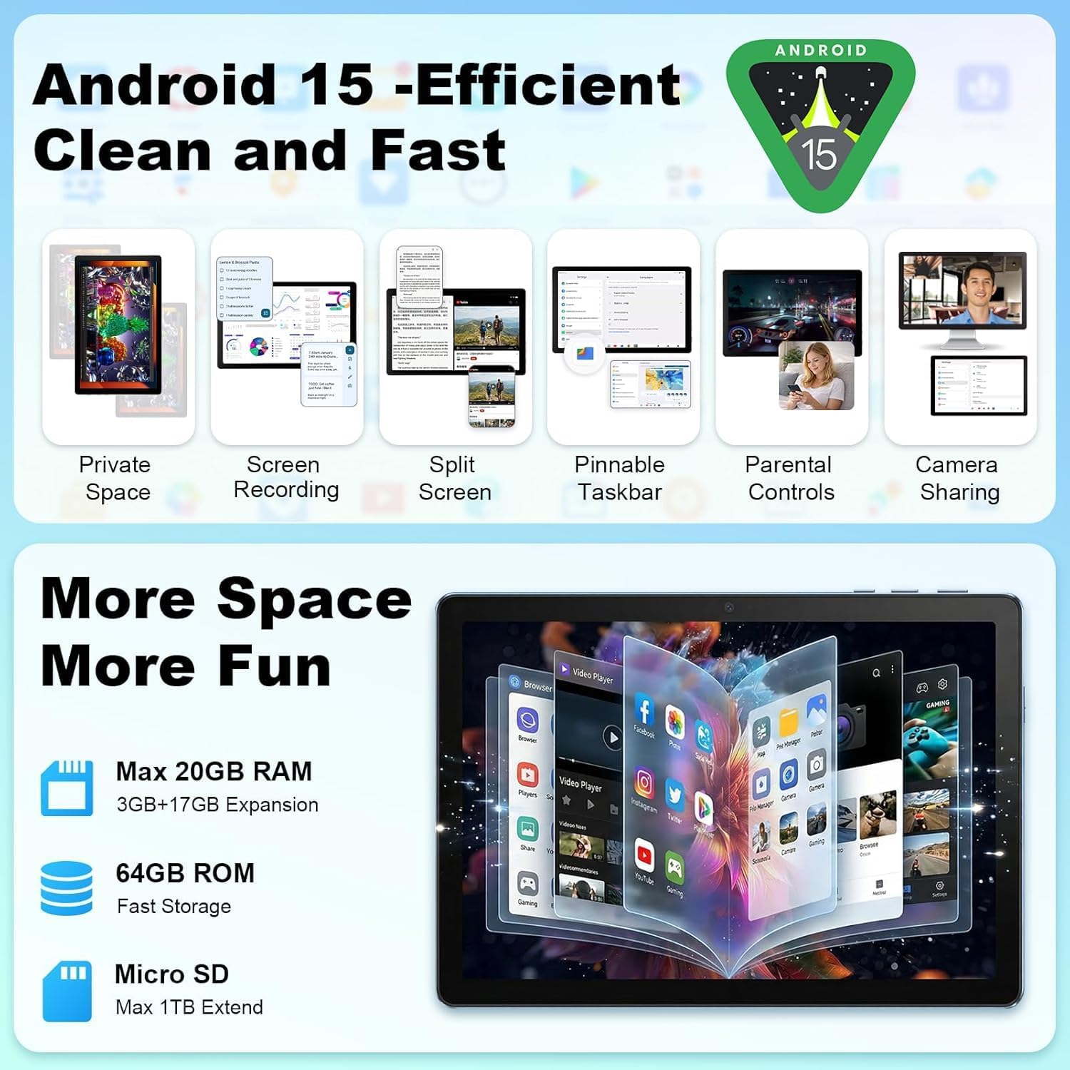 Detalle de MUISOO Android 15 10.4-inch Tablet (20GB RAM + 64GB, WiFi 6, Bluetooth 5.4) with Keyboard, Pen & Mouse