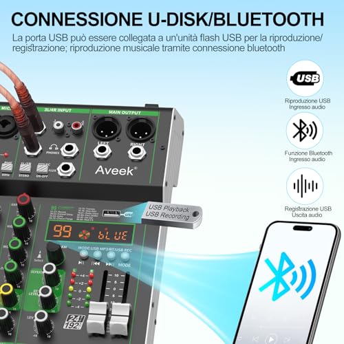Detalle 2 de Aveek Mixer Audio: Console di Mixaggio Professionale a 4 Canali con USB/Bluetooth e DSP 99 Effetti