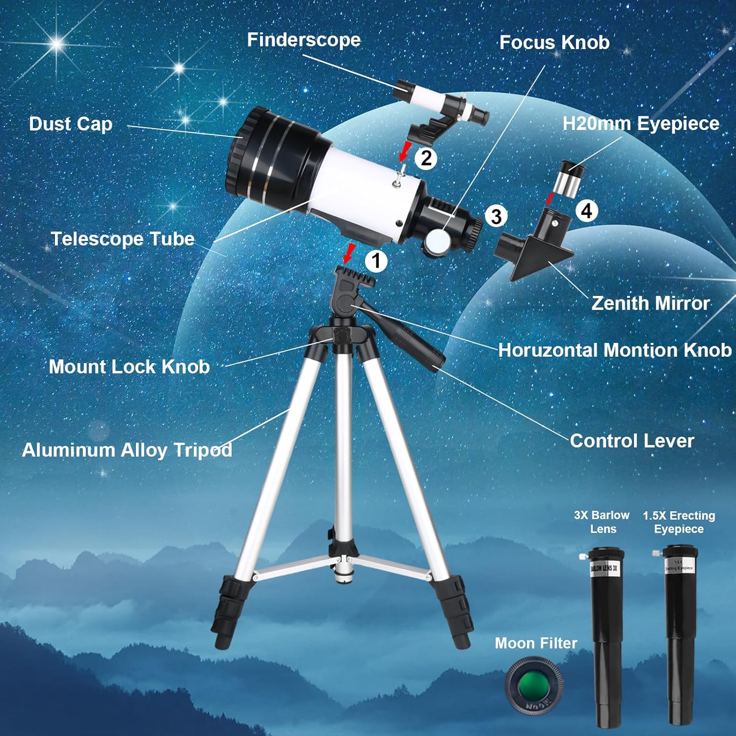 Detalle 2 de Misilmp Telescopio telescopico per adulti e principianti da 70 mm con cercatore 5x24, treppiede regolabile e accessori