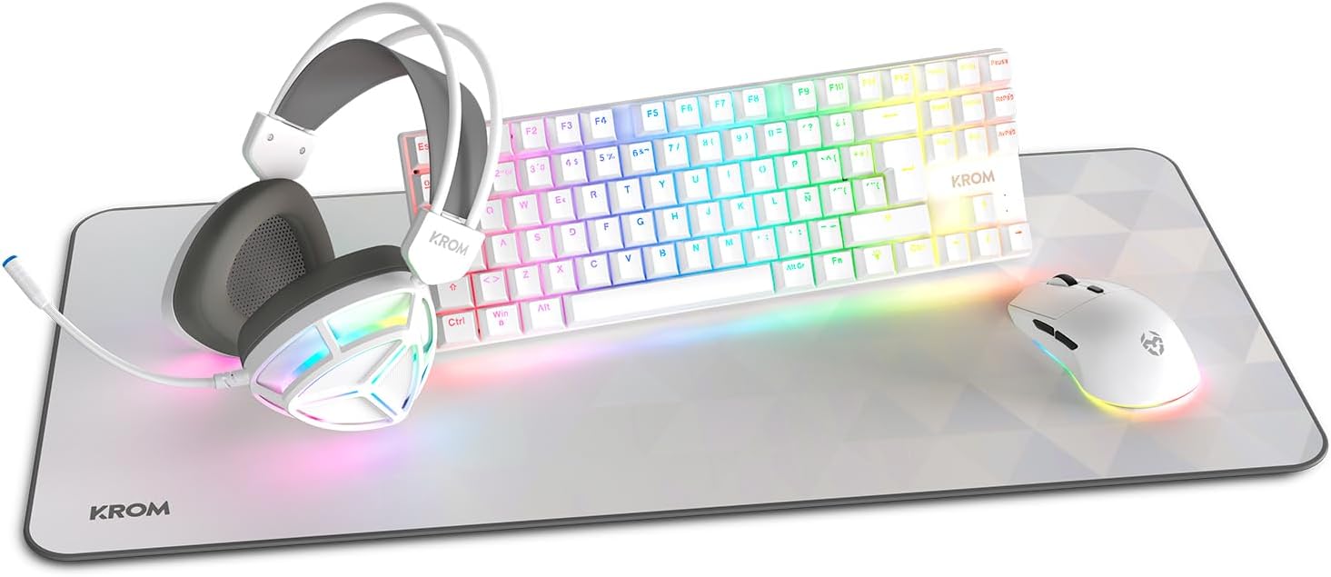 Detalle de KROM Klass 4 w 1: biały zestaw gamingowy TKL, RGB, hiszpański układ