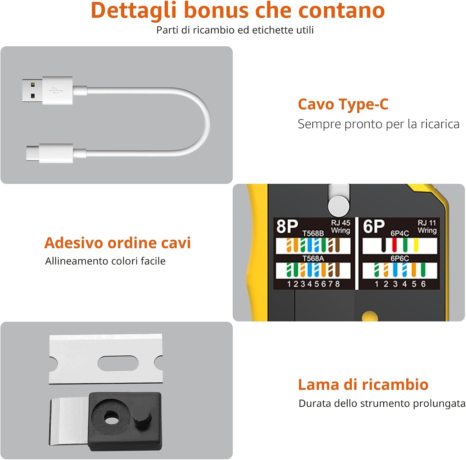 Detalle 2 de Proster pinza crimpatrice RJ45 CAT7 con passante e kit completo (20 connettori + tester di rete ricaricabile)