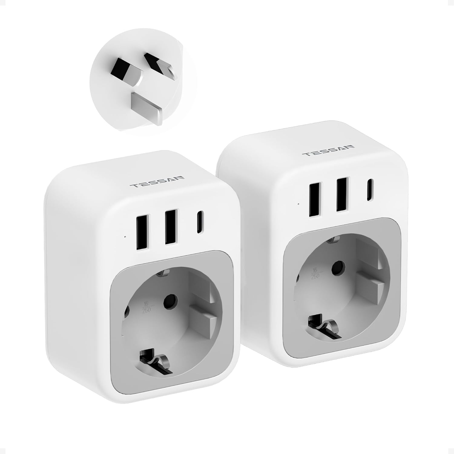 Detalle de TESSAN Lot de 2 Adaptateur Prise Australie avec USB-C et USB-A – 2500 W, 4 en 1, voyage Chine/Australie/Nouvelle-Zélande/Argentine