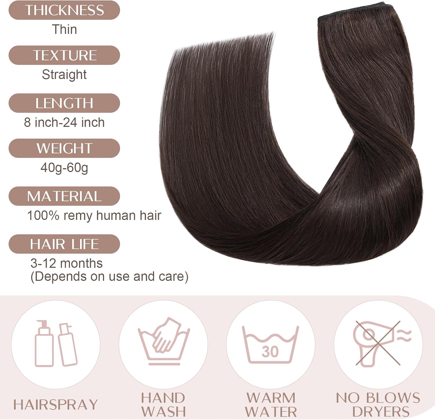 Thumbnail 5 de SEGO Extension Capelli Veri Clip Fascia Unica 100% Remy – Ciocca 22 cm, 45 cm di lunghezza Marrone Scuro (#2)