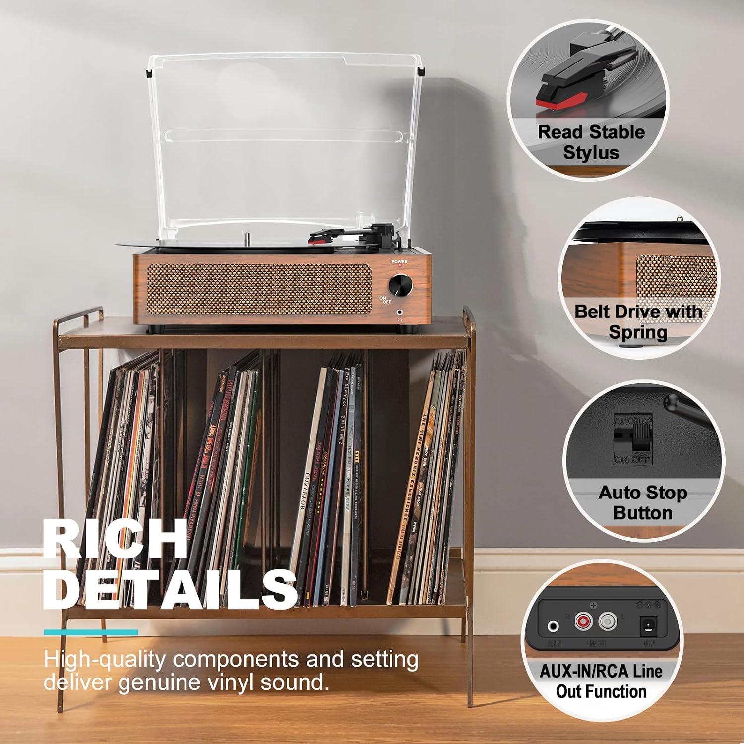 Detalle de Vinyl Record Player with Speakers: Vintage 3-Speed Belt-Driven Turntable with Bluetooth