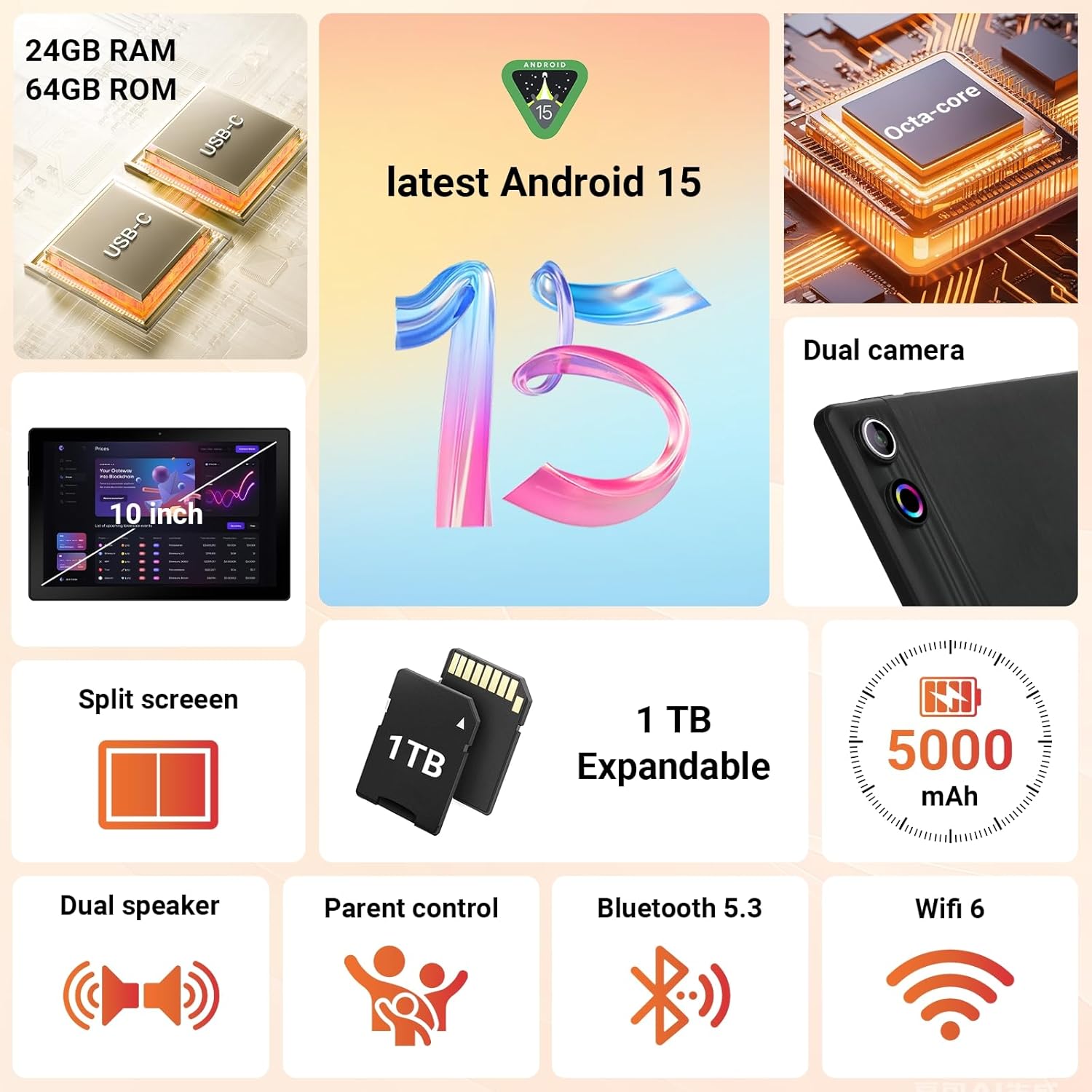 Thumbnail 1 de Hakaug 10 Inch Android Tablet (Android 15) with Octa-Core, 24GB RAM, 64GB Storage, IPS HD Display, WiFi + Bluetooth (Black)