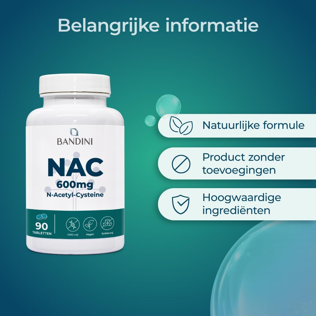 Detalle 2 de Bandini NAC N-Acetyl-Cysteïne 600 mg tabletten, 90 stuks, veganistisch