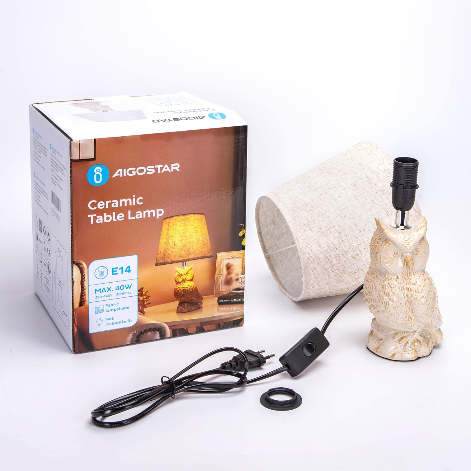 Thumbnail 4 de Aigostar Lampe de table en céramique avec abat-jour tissu (douille E14, max. 40 W) – 32,5 cm