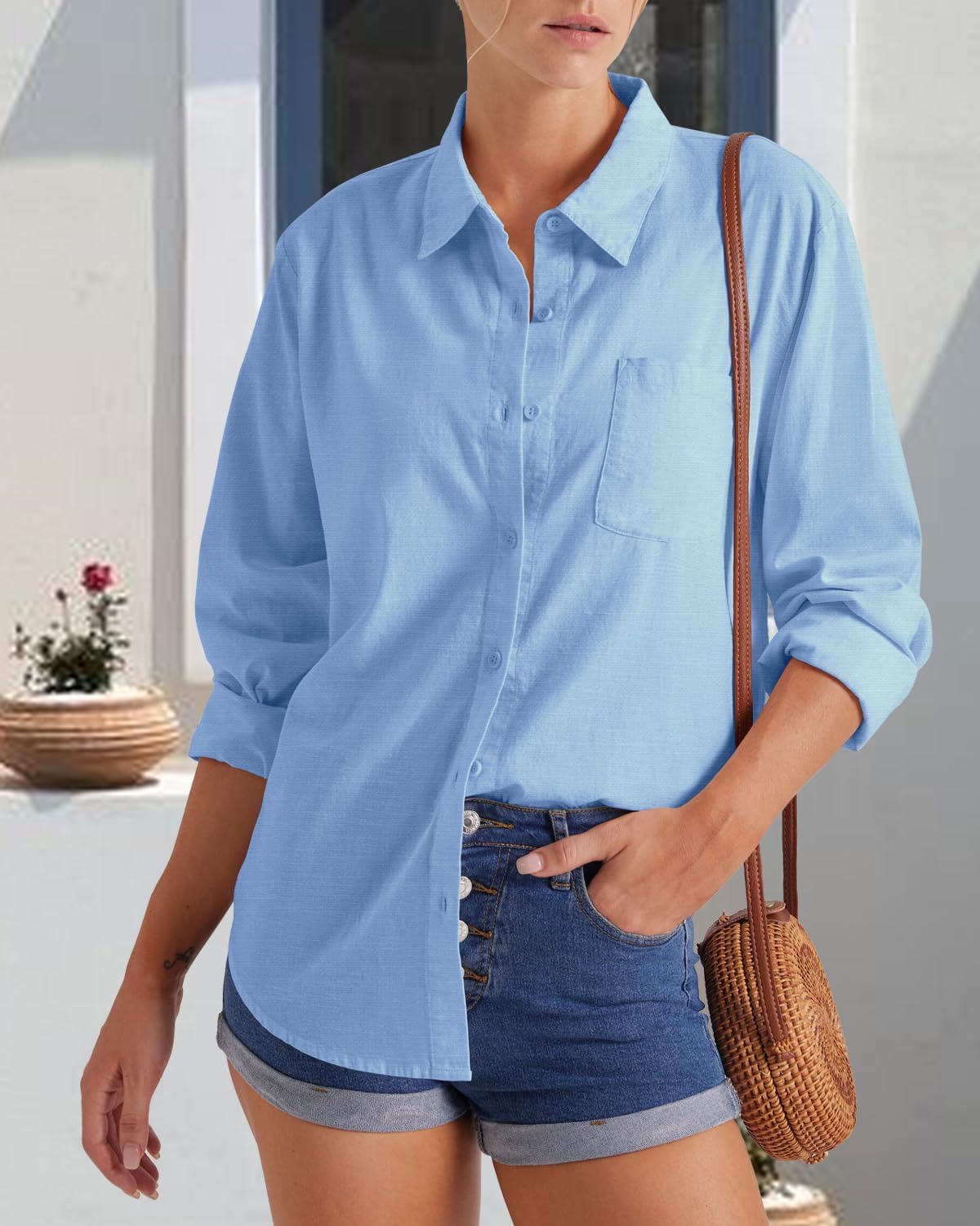 Detalle de Friptspyg Damenbluse – Lässige Langarm Hemdbluse mit V-Ausschnitt, 100% Baumwolle, Tasche
