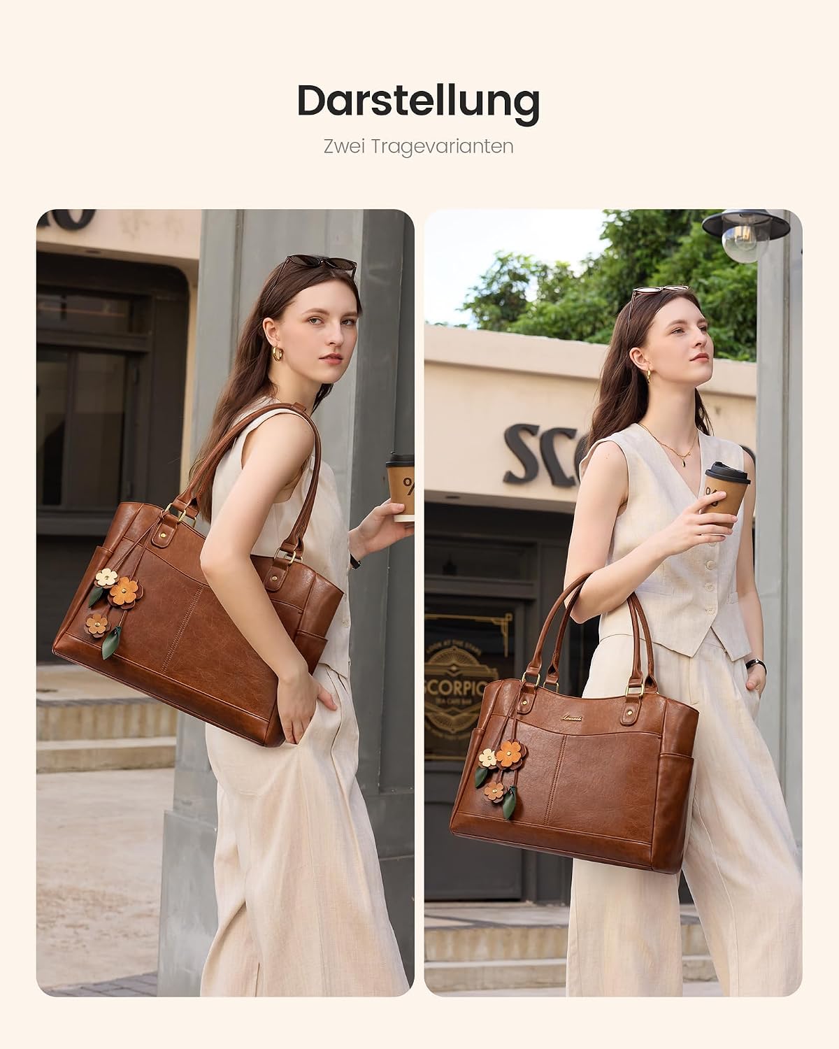 Thumbnail 1 de LOVEVOOK Laptoptasche Damen 15,6 Zoll – Große Tote mit Blumenanhänger aus PU-Leder