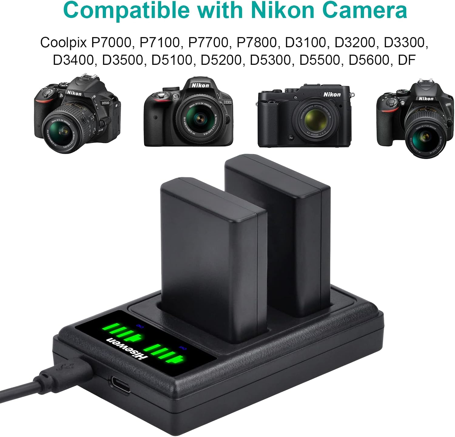 Detalle 2 de Hisewen EN-EL14 ENEL14a Battery 2 Pack with Dual Charger for Nikon DSLRs