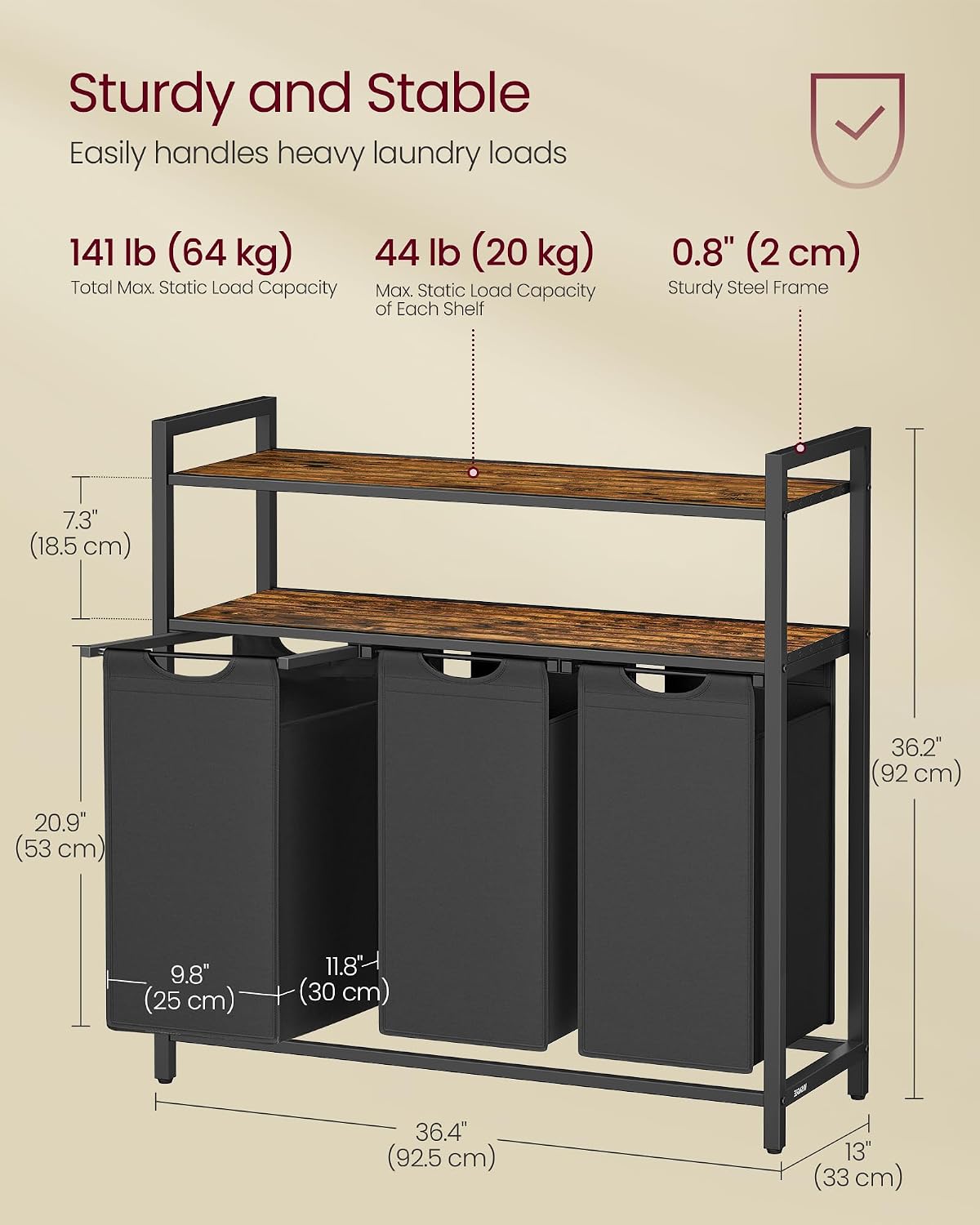Detalle de VASAGLE BRENTA BLH213B01 Laundry Sorter, 3 x 40L Bags and 2 Shelves