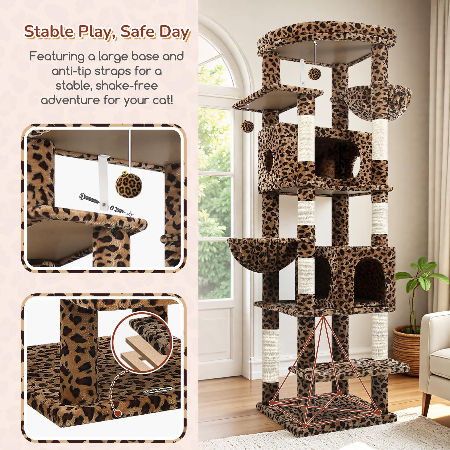 Detalle 2 de Globlazer S74 Leopard Cat Tree for Large Cats, 74-Inch, 7 Levels