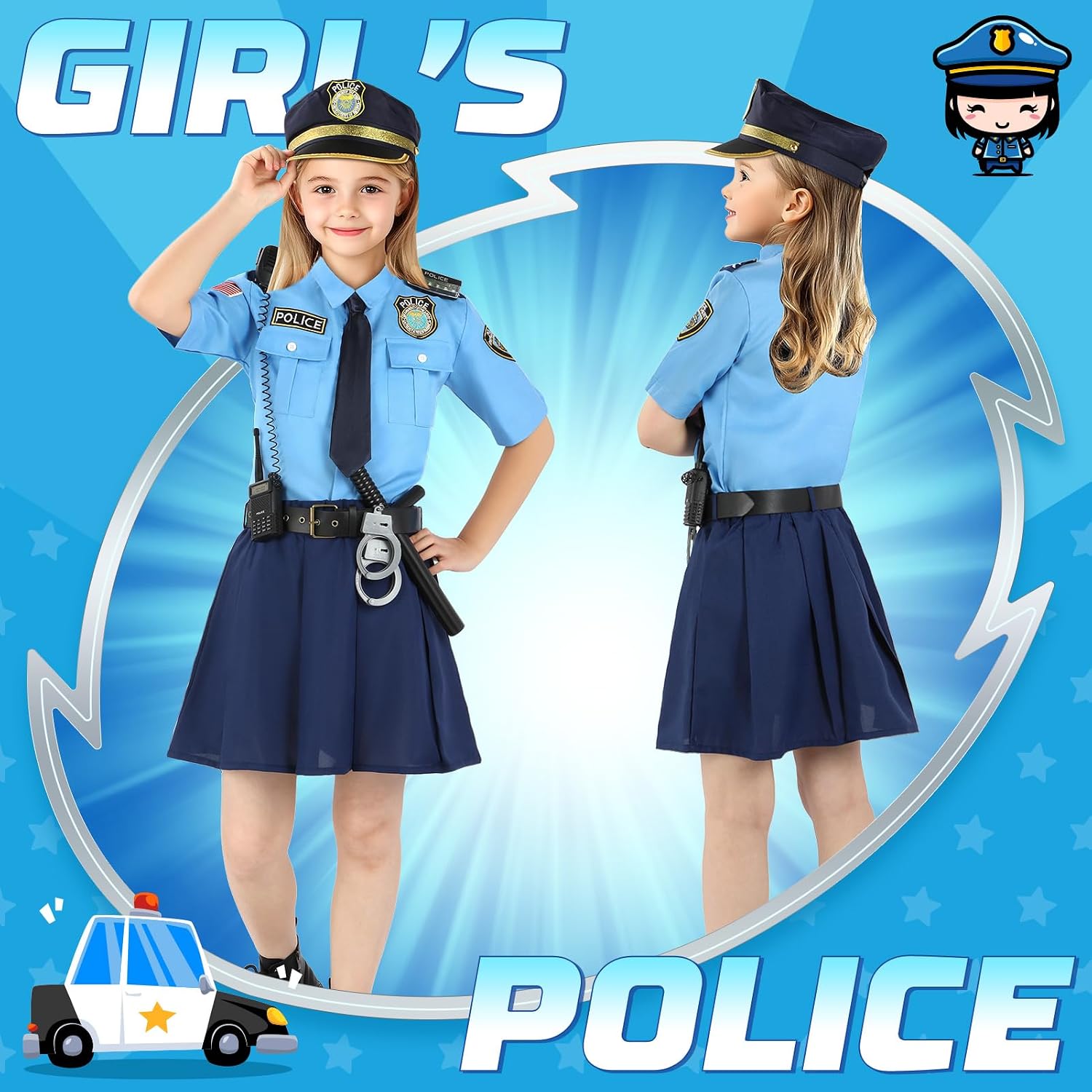 Detalle 2 de Loscola Police Officer Costume for Girls, Medium (5-7 Years), 13-Piece Set