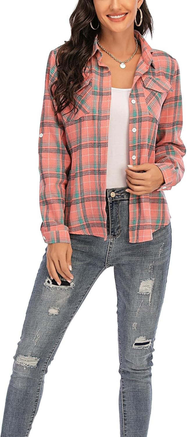 Thumbnail 6 de Yukiuiny Women's Flannel Plaid Shirt – 100% Cotton, Long Sleeve Button-Down
