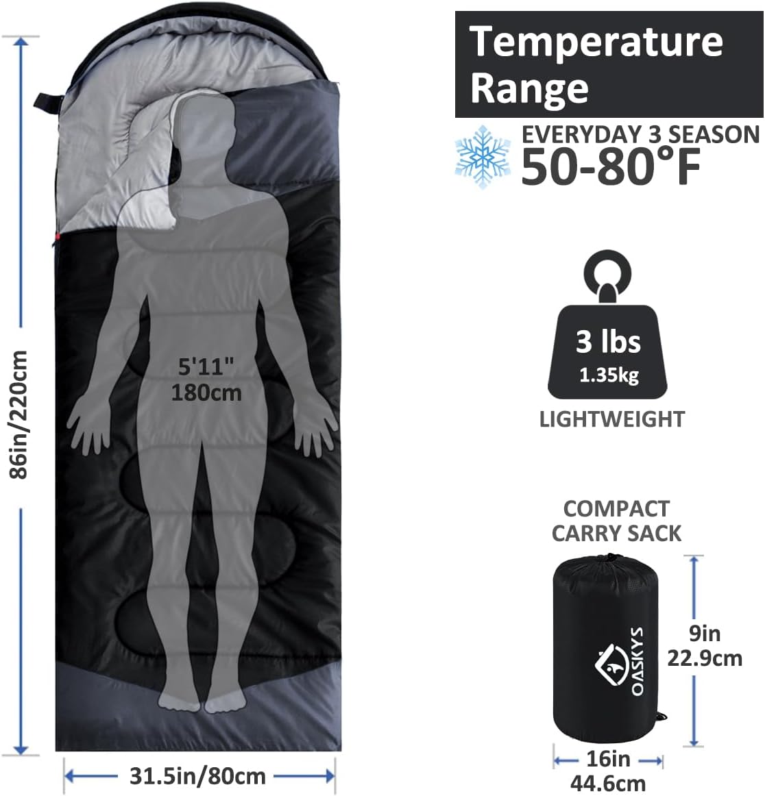 Detalle 2 de oaskys 3-Season Camping Sleeping Bag, 50–68°F, Adjustable Hood