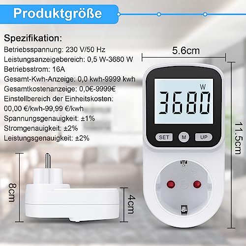 Thumbnail 6 de MECHEER Stromzähler Steckdose – 8 Modi, Großes LCD, Hintergrundbeleuchtung, Energieverbrauchsmesser