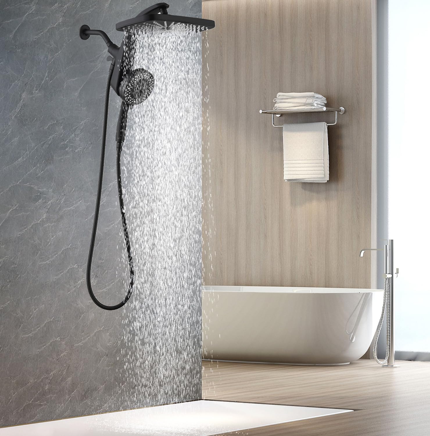 Detalle 2 de BOZYBO Rain Shower Head with Handheld: 12-Inch Rainfall Head + 9-Mode Hand Shower, Magnetic Dock, Power Jets