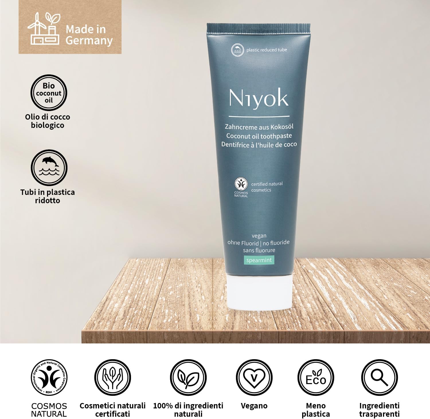 Detalle de Niyok Dentifricio al Bio Olio di Cocco Mix di Sapori – 3 x 75 ml, Senza Fluoro, Vegan