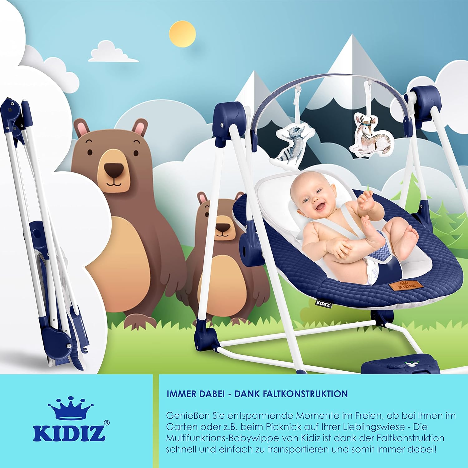 Thumbnail 4 de KIDIZ® Babywippe Babyschaukel mit 5 Geschwindigkeiten, faltbar & Spielbogen, Naturgeräusche (blau)
