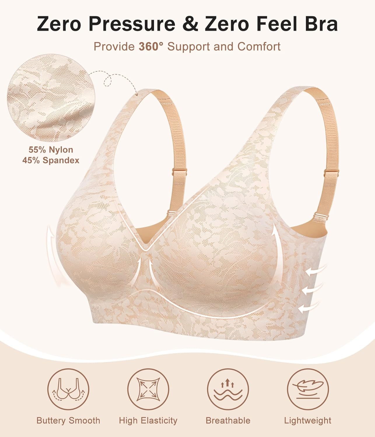 Detalle de Wiepux Push Up Soutien-Gorge sans Armature Deep V Floral Dentelle — Confort et Décolleté Plongeant