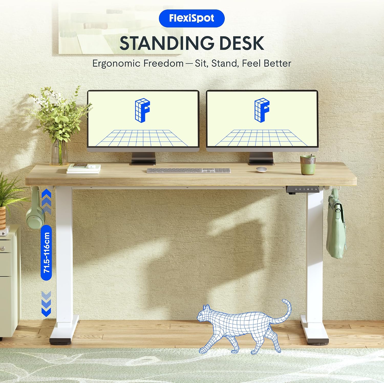 Detalle de FlexiSpot E1 Plus Electric Standing Desk, 140 × 80 cm, 25 mm Light Oak Top
