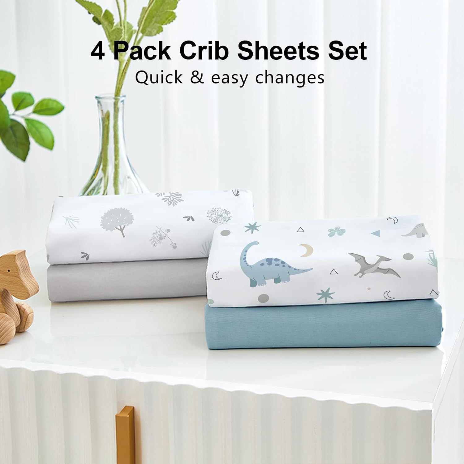 Detalle 1 de NacoMoco 4-Pack Crib Sheets, 52 x 28 x 8-Inch Polyester, Teal Dinosaur
