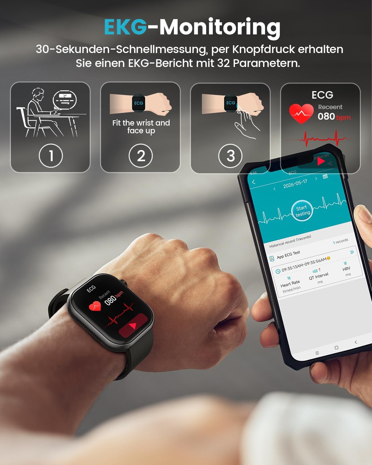 Detalle 2 de 2026 Neue Smartwatch Herren mit EKG/HRV/Blutdruck – umfassender Gesundheitsbegleiter mit AMOLED-Display