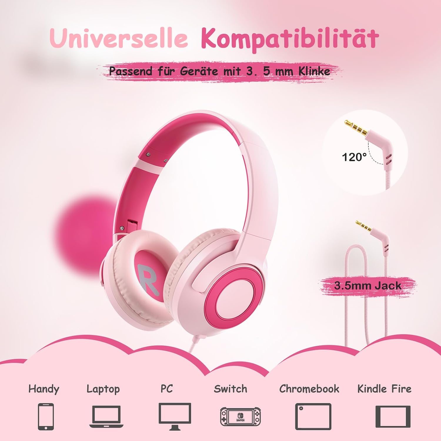 Detalle de TONOSHARK Kinderkopfhörer mit Kabel klappbar (3,5-mm-Klinke), Mikrofon, Gehörschutz 85/94 dB – Rosa