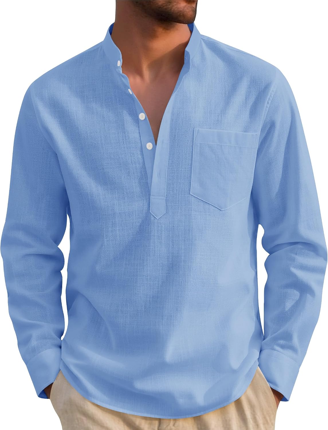 Detalle de J.VER Hemd Herren Baumwolle Leinenhemd Henley Langarm – Regular Fit, atmungsaktiv, mit Brusttasche