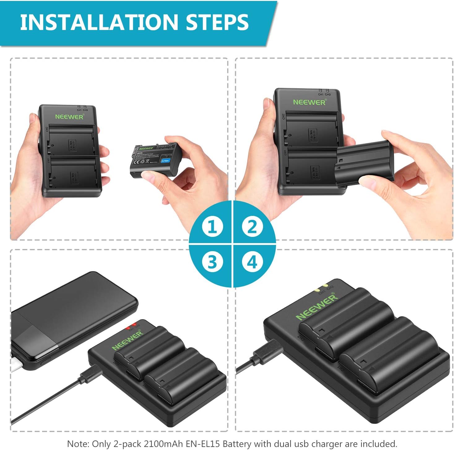 Thumbnail 5 de NEEWER EN-EL15 Batteria di ricambio + doppio caricatore (2 pack, Micro-USB, 2100mAh) per Nikon