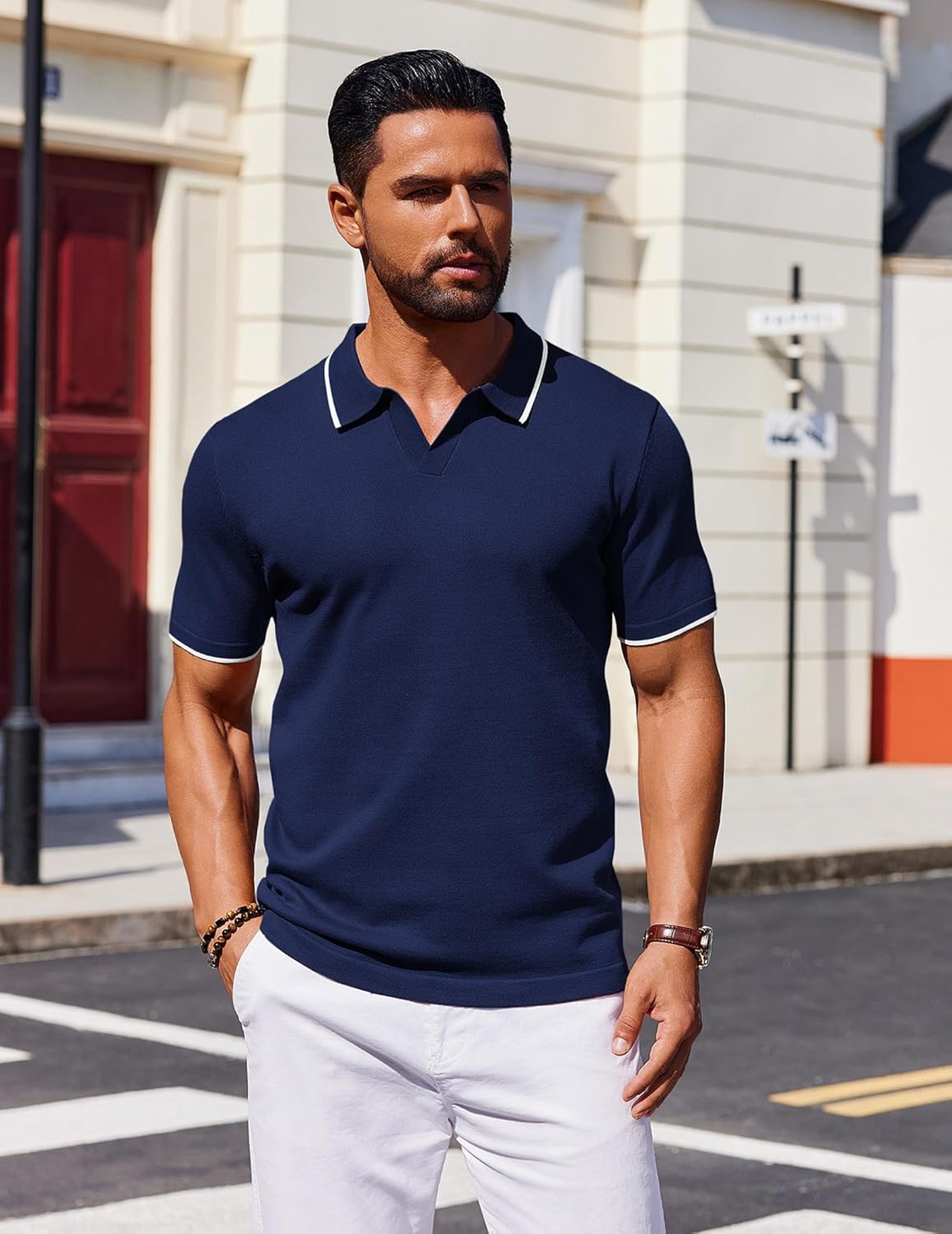 Detalle 2 de COOFANDY Men's Short Sleeve Polo Shirt – Vintage Inspired Knit Polo for Everyday Comfort