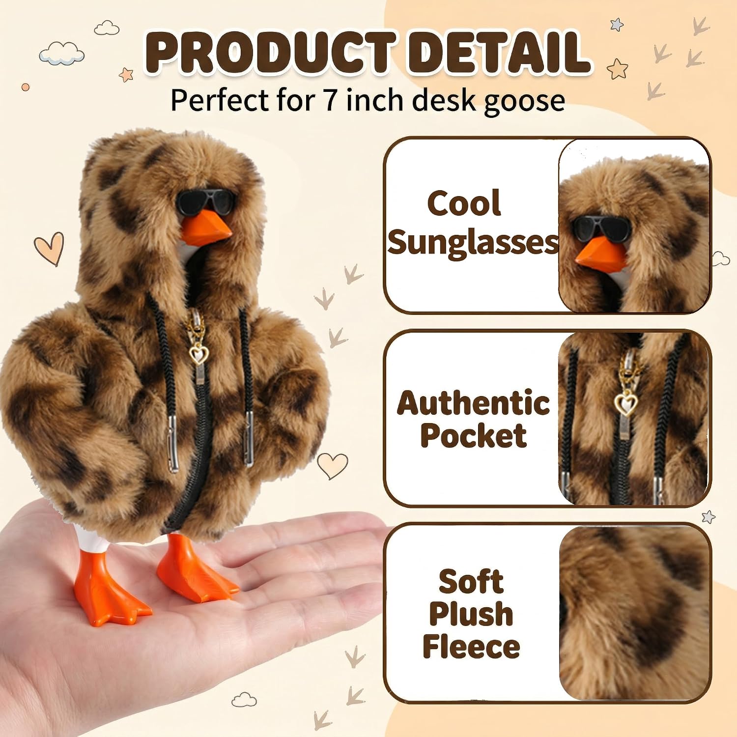 Thumbnail 2 de 7-Inch Desk Goose Outfit Set with Brown Leopard Fleece Hoodie, Sunglasses & Heart Necklace