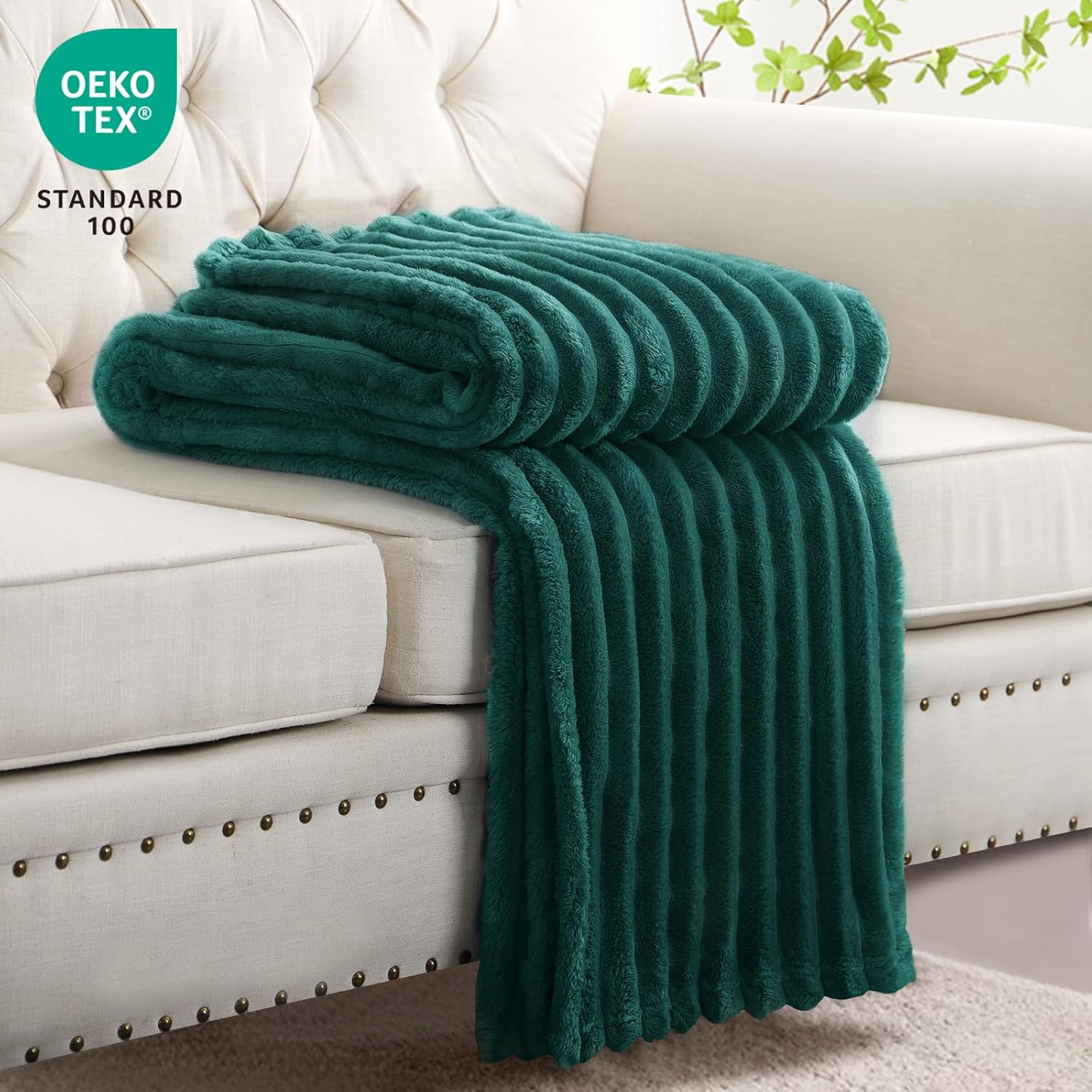 Thumbnail 3 de RUIKASI Fleece Throw Blanket for Sofa (130x150cm) – Fluffy Emerald Green ribbed sofa throw